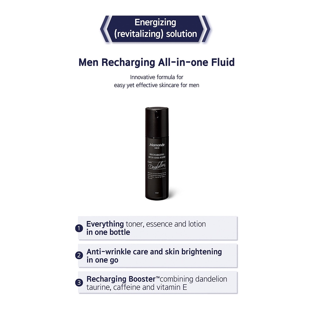 Mamonde Homme Men Recharging Toner, Lotion, All-In-One Fluid, Gift Set - Energized And Refreshed, Moisturizer For Men, Recharging Booster For Men