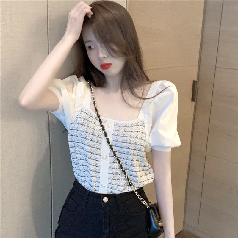 Áo dệt kim tay ngắn phồng cổ vuông phong cách Hong Kong thời trang dành cho nữ