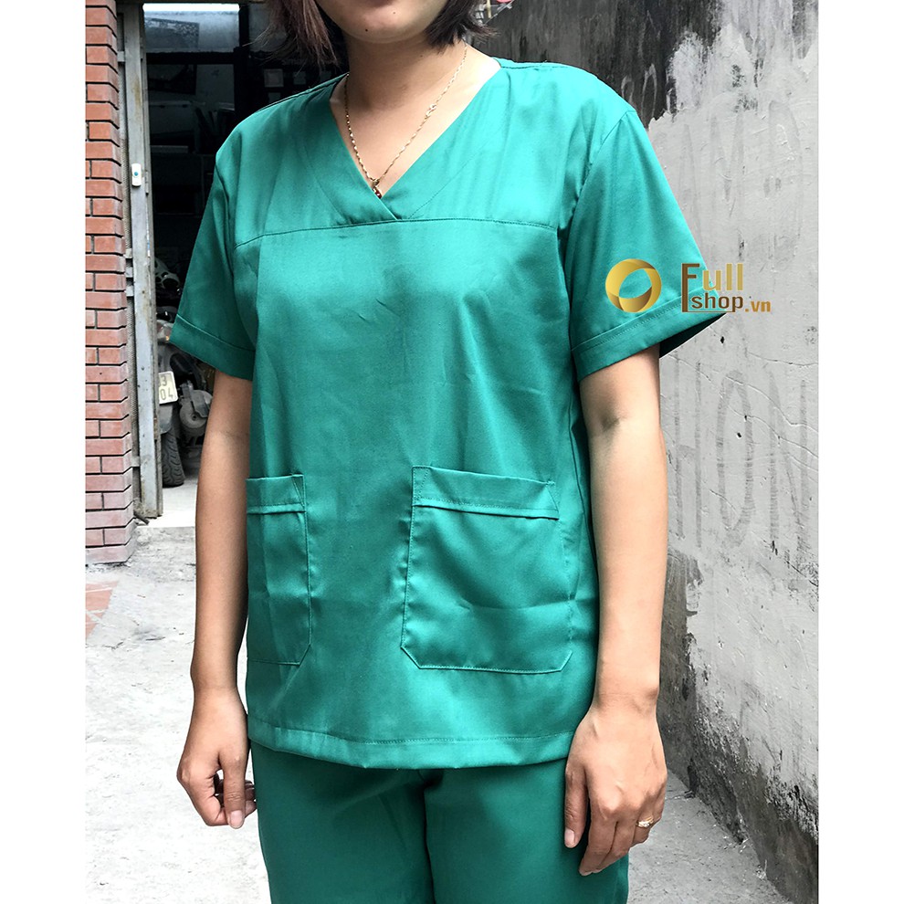 Bộ quần áo phẫu thuật xanh cao cấp - Bộ đồng phục áo blouse phẫu thuật cổ tim màu xanh két