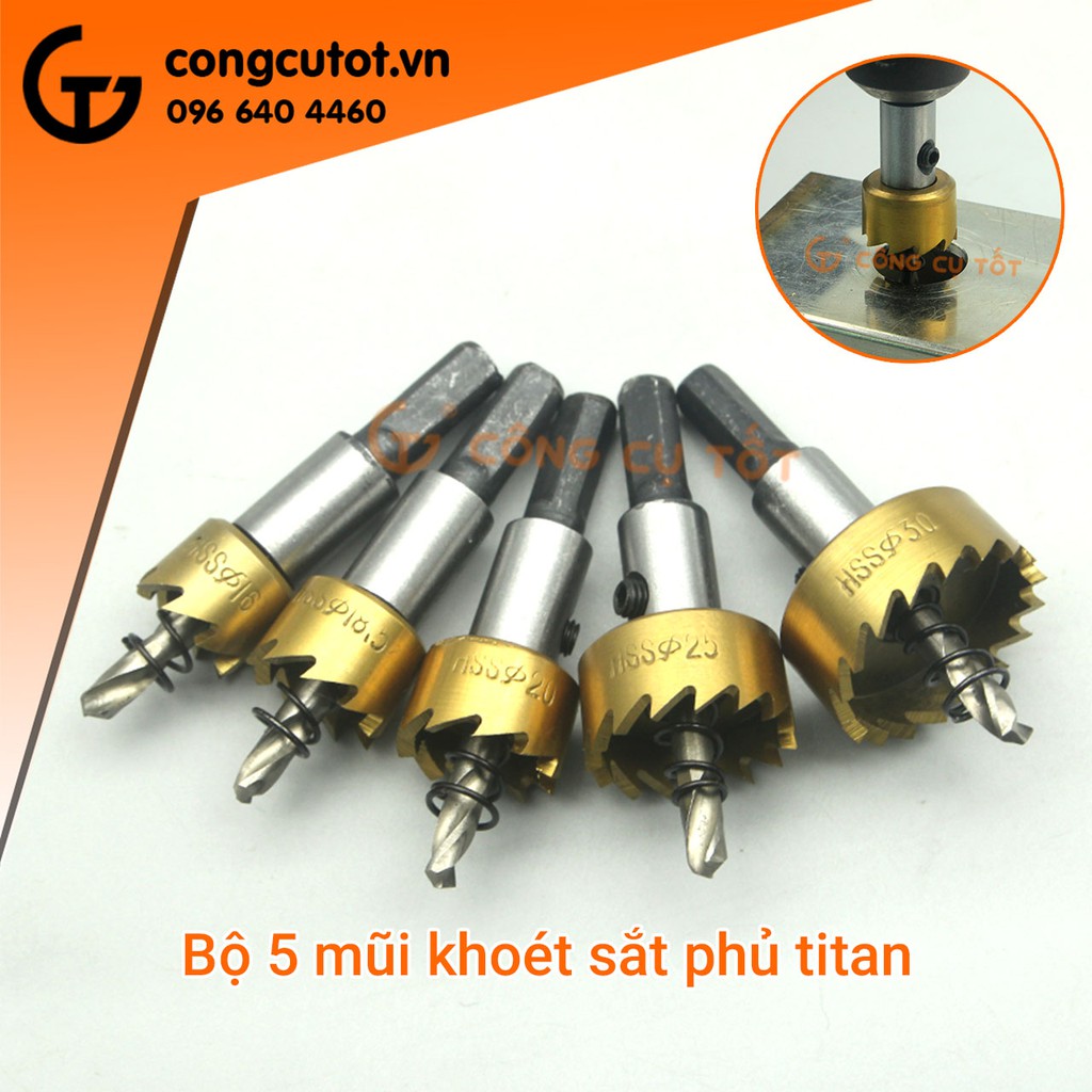 Bộ 5 mũi khoét sắt bằng thép gió phủ Titan