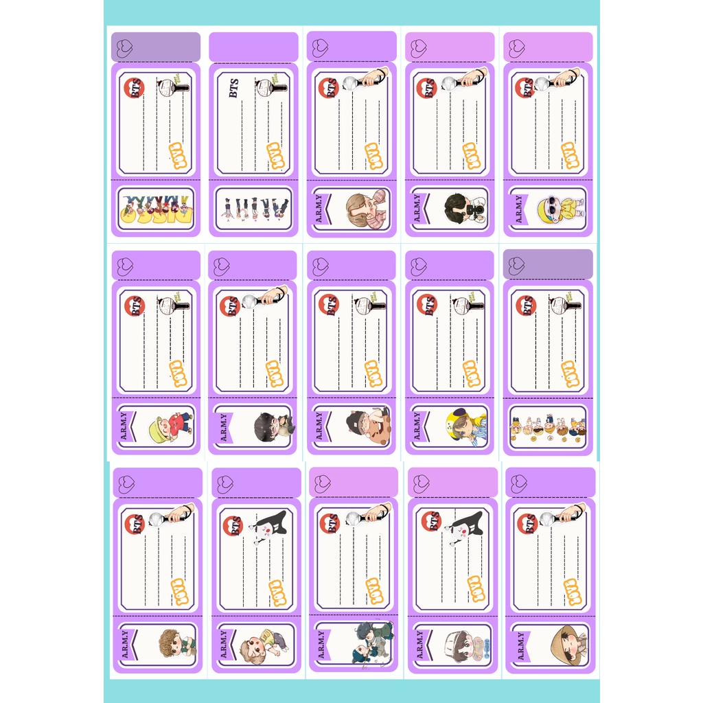 Set 15 Nhãn vở BTS thiết kế kiểu Tem phiếu độc đáo, có keo dán, decal mặt nhám. phong cách BT21, bts chibi