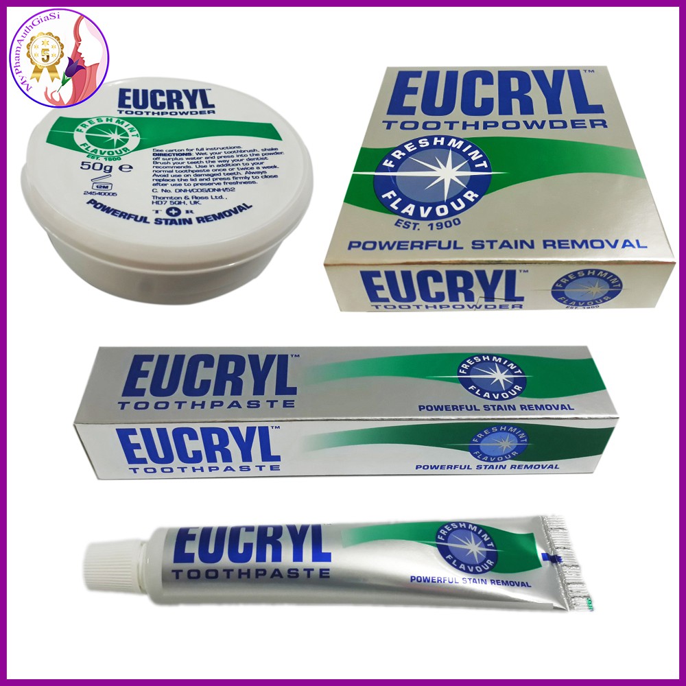 Kem đánh răng và bột làm trắng răng Eucryl giúp hàm răng trắng sáng 50g - 62g Anh