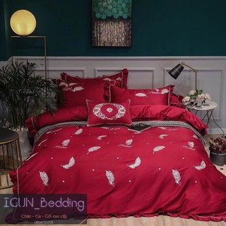 set LÔNG TƠ HỒNG đỏ  bộ Chăn Ga Gối cưới  Lụa thêu cao  cấp