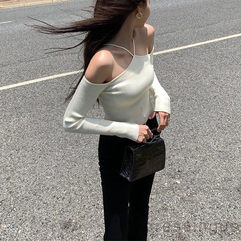 Áo thun tay dài phối trễ vai màu đơn giản thời trang cho nữ