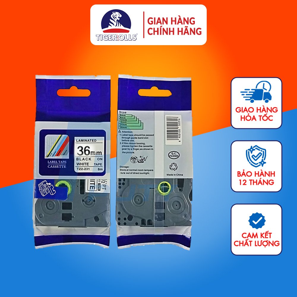 Nhãn in Tiger TZ2-261 kích thước 36mmx8m chữ đen nền trắng, đa lớp, bám dính cao - TGI TZ2-261