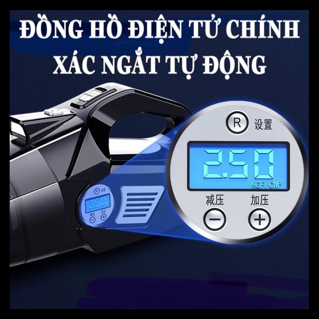 Máy hút bụi bơm lốp ô tô xe hơi đồng hồ điện tử ngắt tự động hiển thị áp suất lốp có đèn Led chiếu sáng Hiệu AIKESI