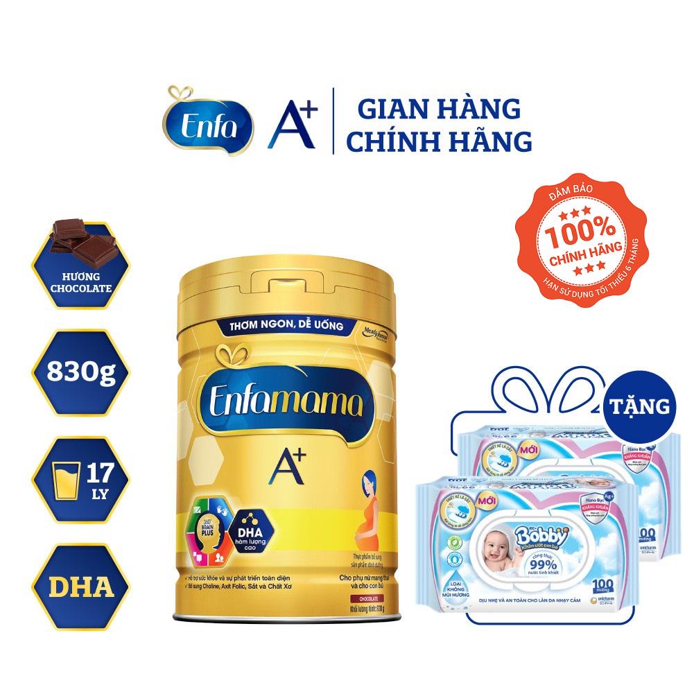 [Mã FMCGMALL giảm 8% đơn 250K] [Tặng 2 gói khăn ướt Bobby 100M] Sữa Bầu Enfamama A+ 830g Hương Chocolate