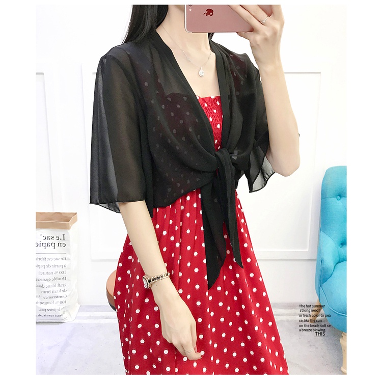 Áo cardigan khoác mỏng tay lỡ thắt nơ mặc kèm áo váy hai dây | BigBuy360 - bigbuy360.vn