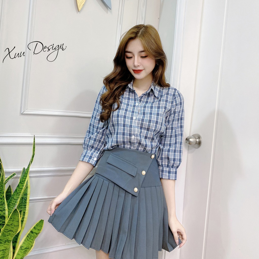 Áo sơ mi nữ công sở kẻ caro thiết kế tay lỡ XUU DESIGN Xu02