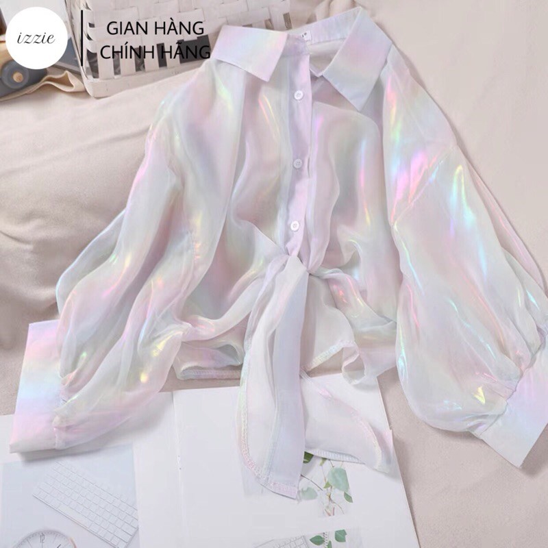 Áo sơ mi voan ánh cầu vồng 2022 Izzie A125 dáng ngắn, vạt buộc đi chơi, đi biển, form dưới 70kg