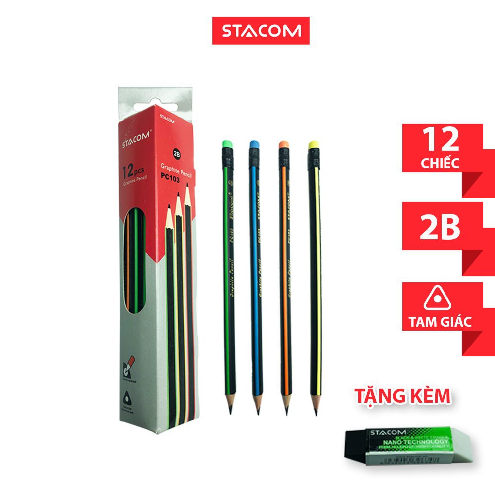 Bút chì gỗ học sinh Stacom 2B có gôm PC103 (set 6 cây)