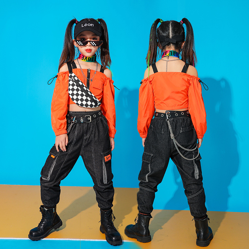Bộ Áo Croptop Trễ Vai Phối Quần Dài Phong Cách Hip Hop Thời Trang Cho Bé 4-14 Tuổi