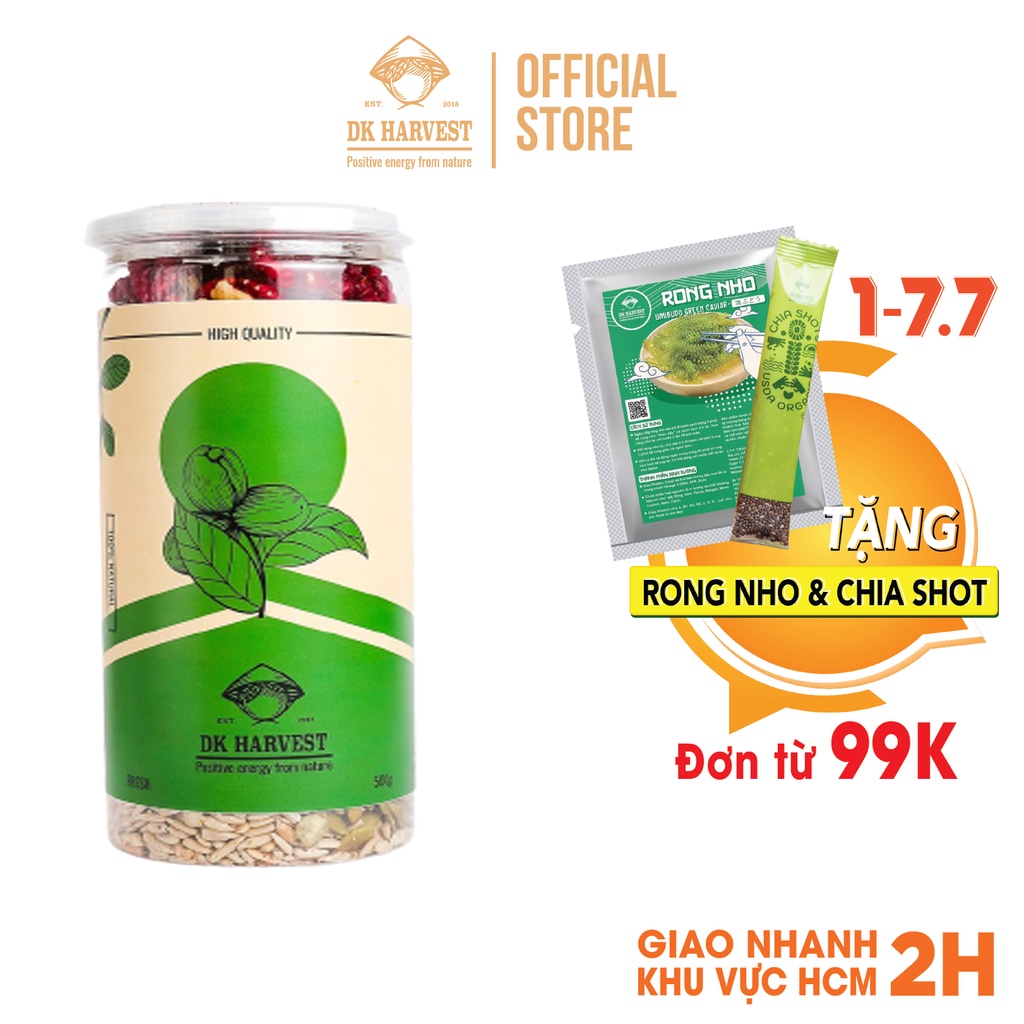 Hạt Mix Nuts 5 Loại hạt DK HARVEST nhập khẩu - Dẻ Cười, Hạnh Nhân, Hạt Điều, hạt óc chó vàng, Macca