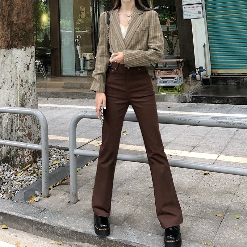 SUXI Quần jean nâu ống loe ôm dáng dễ phối đồ