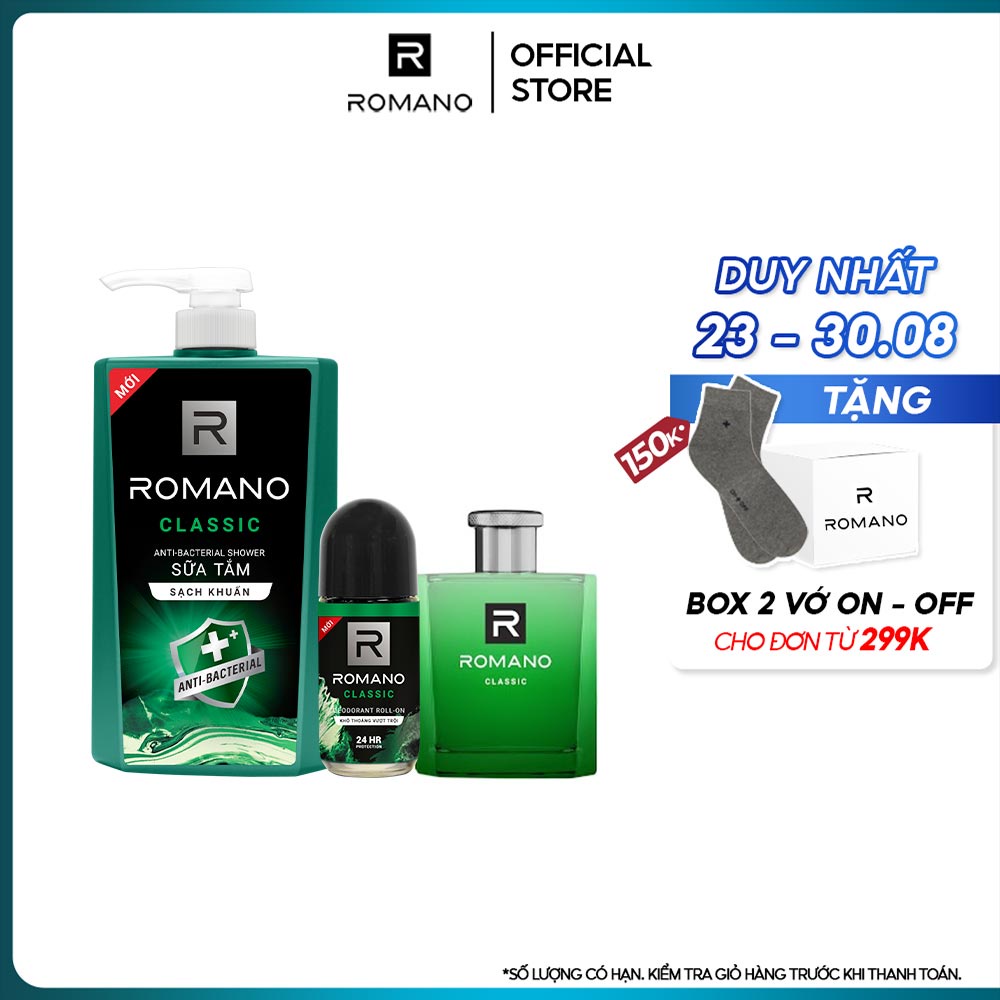 Combo Romano: Sữa tắm sạch khuẩn Classic 650G + Nước hoa Classic 50ml + Lăn khử mùi Classic 50ml