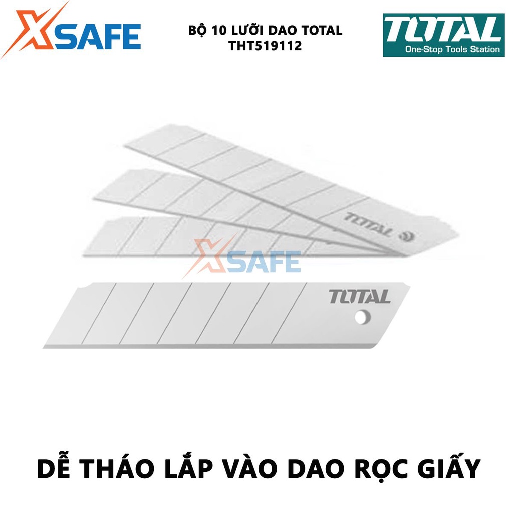 Bộ 10 lưỡi dao rọc giấy TOTAL THT519112 Bộ lưỡi dao rọc giấy size 18x100mm, dùng rọc giấy, cắt bìa carton, v.v.