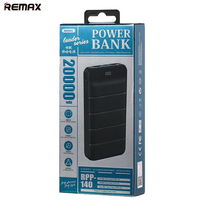 Pin Dự Phòng 20000mah Remax RPP-140 Leader Series 2 cổng USB (Đen)