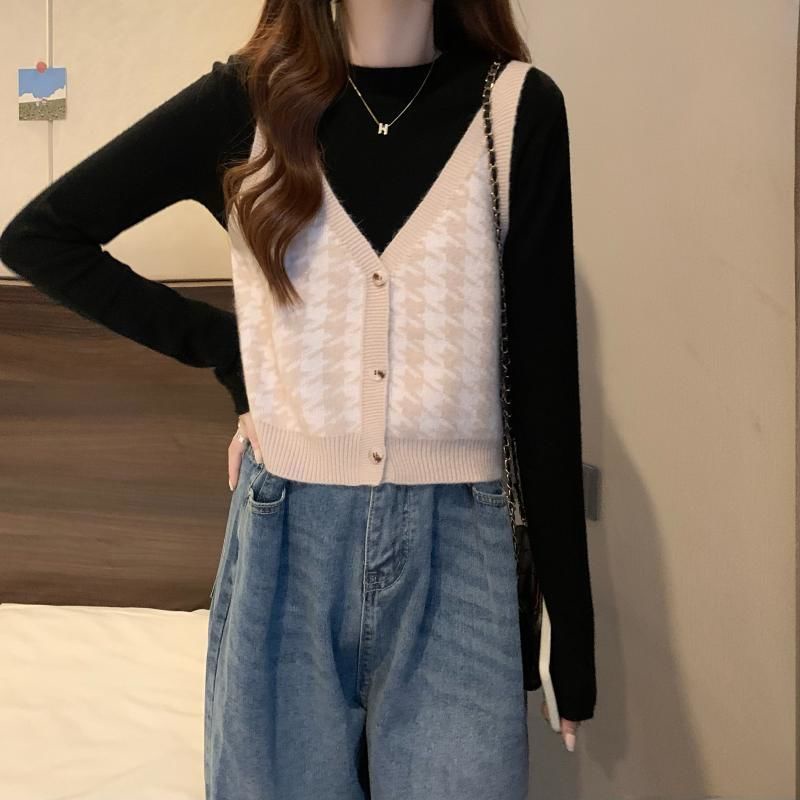 Áo Sweater Dệt Kim Không Tay Màu Sắc Tương Phản Phong Cách Hàn Quốc Cho Nữ