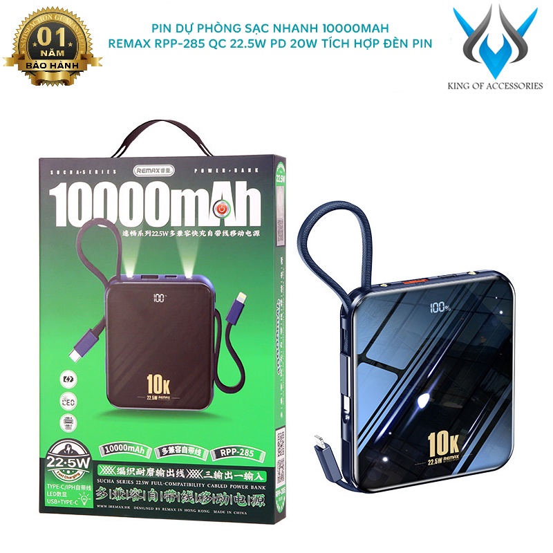 Pin dự phòng sạc nhanh Remax RPP-285 Series Sucha 10000mAh QC 22.5W và PD 20W - tích hợp 2 đèn pin chiếu sáng