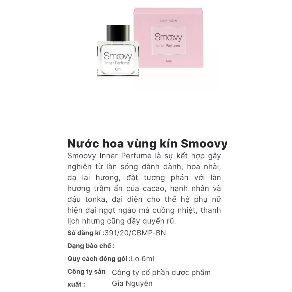 Nước hoa vùng kín Smoovy Inner Perfume cao cấp làm thơm cô bé và khử mùi hôi khó chịu dung tích 6ml