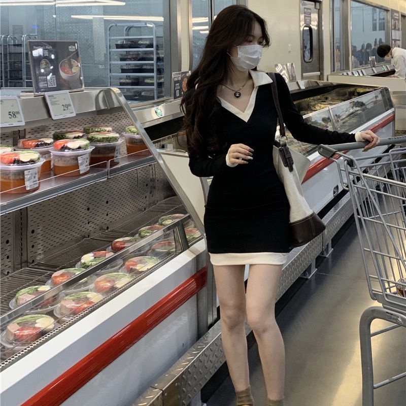 Đầm cổ polo ôm dáng màu tương phản thời trang cho nữ