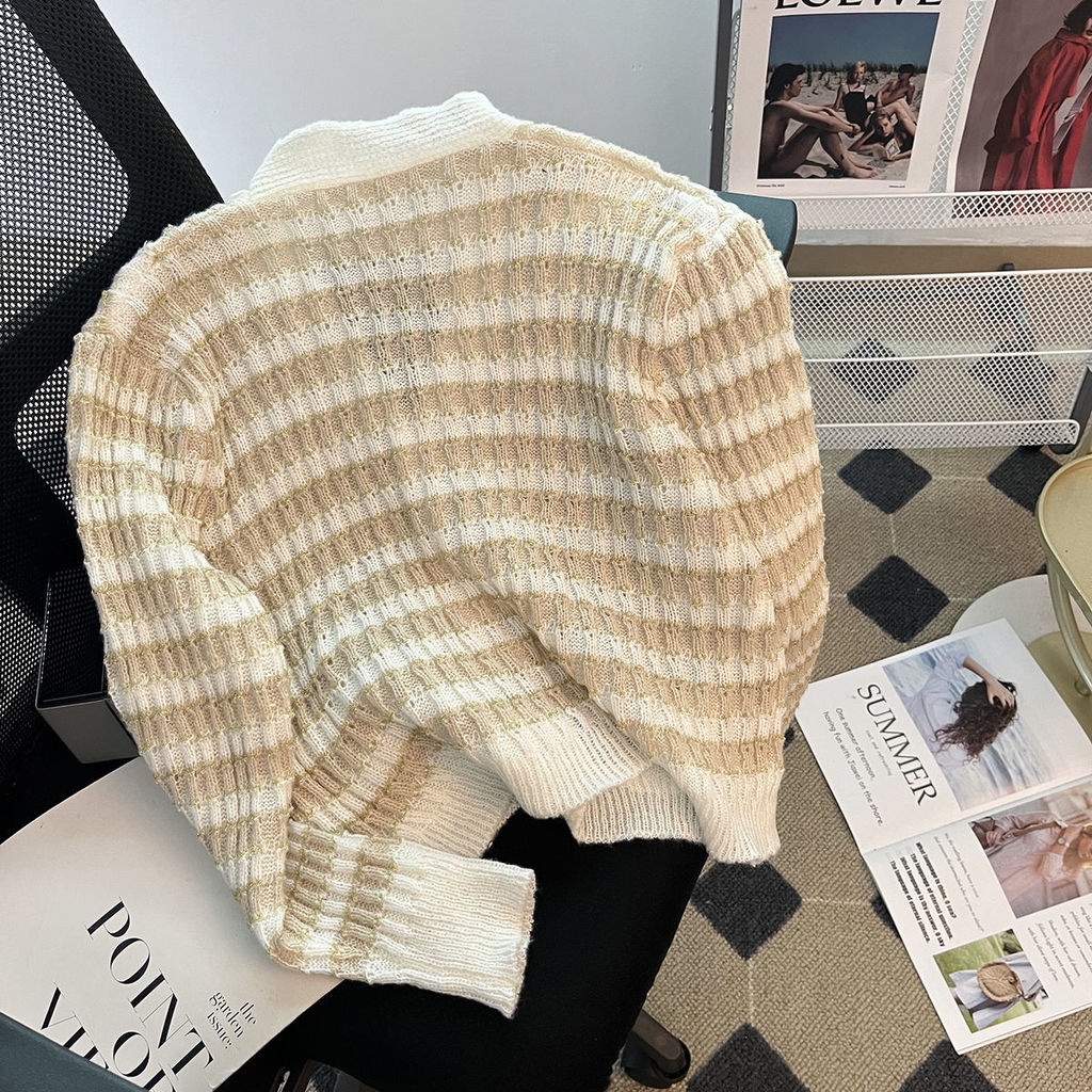 Áo Cardigan Dệt Kim Tay Dài Cổ Chữ V Họa Tiết Kẻ Sọc Màu Sắc Tương Phản Thời Trang Mùa