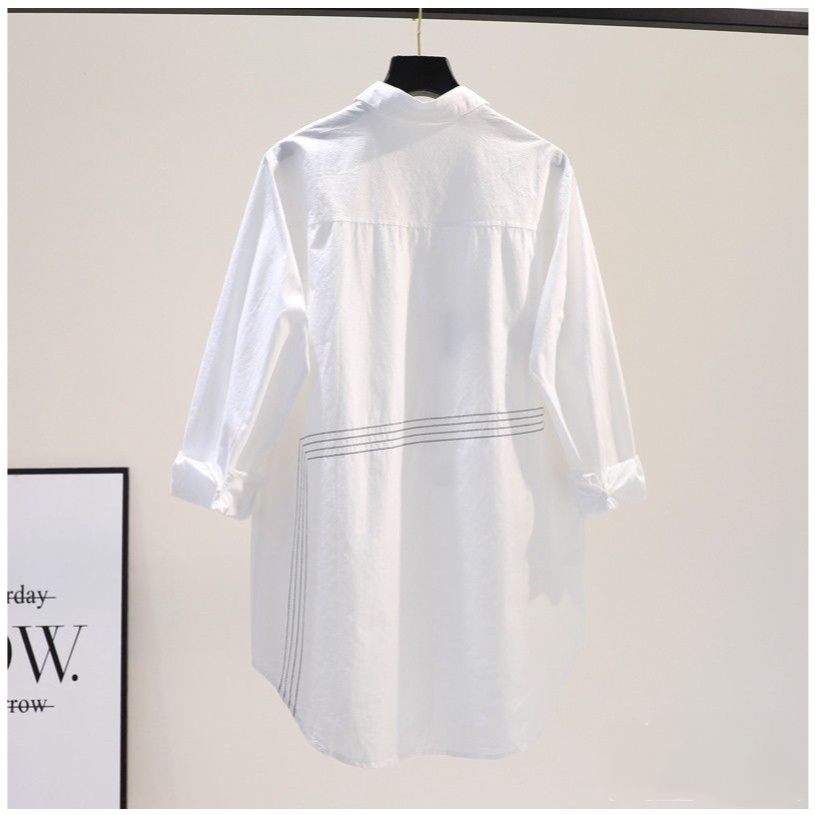 Đầm Sơ Mi cotton Tay Dài Dáng Rộng Thêu Họa Tiết Màu Trắng Đen Thời Trang Hàn Quốc Cho Nữ