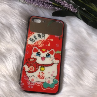 Ốp lưng Iphone 7 Plus/ 8 Plus lưng kính in hình mèo thần tài may mắn