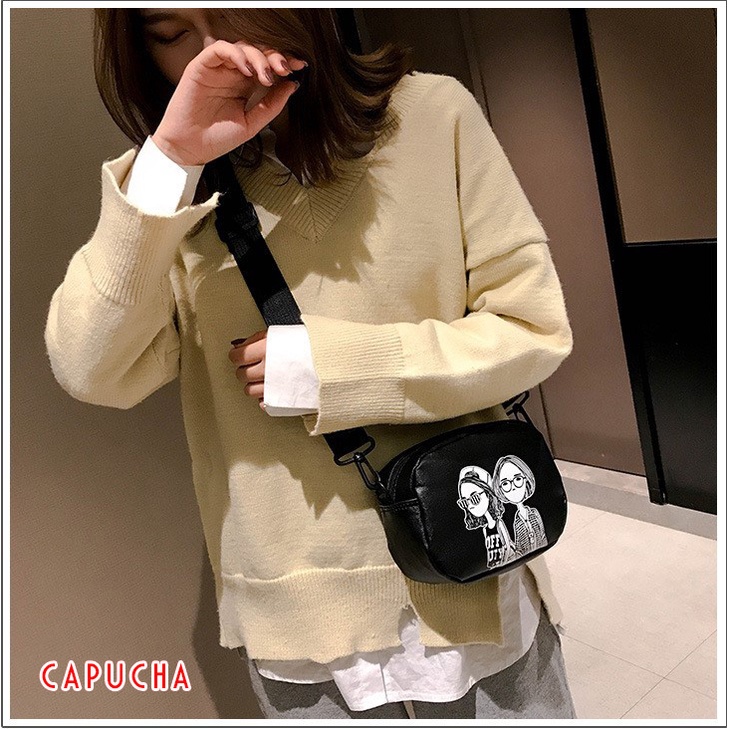 Túi xách nữ đeo vai phong cách Hàn Quốc chất da mềm mịn họa tiết cô gái lạ Capucha T146