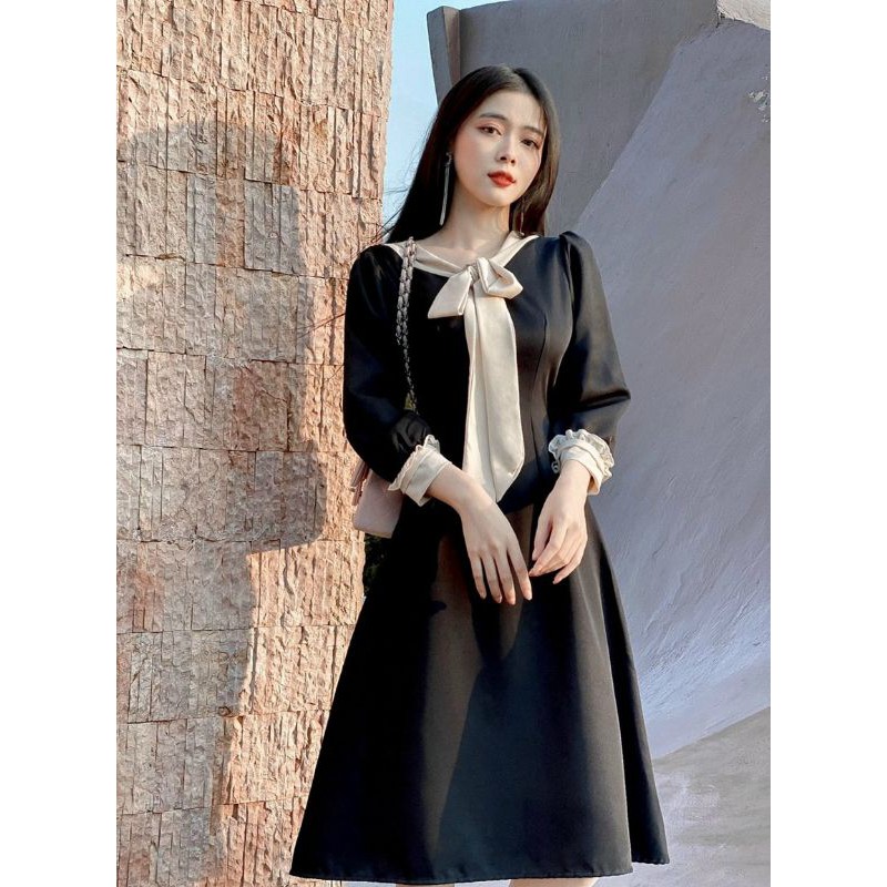 Đầm Midi phối viền cổ thắt nơ thanh lịch
