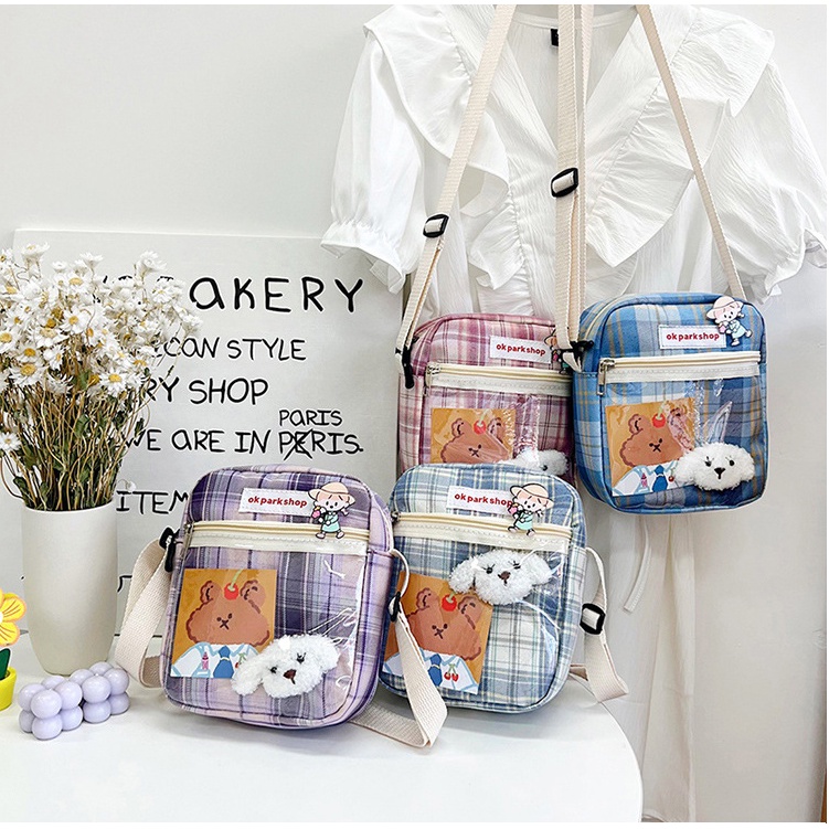 Túi đeo chéo ngăn trong suốt kẻ caro dáng chữ nhật Messenger phong cách Hàn Quốc TẶNG postcard sticker bông dễ thương