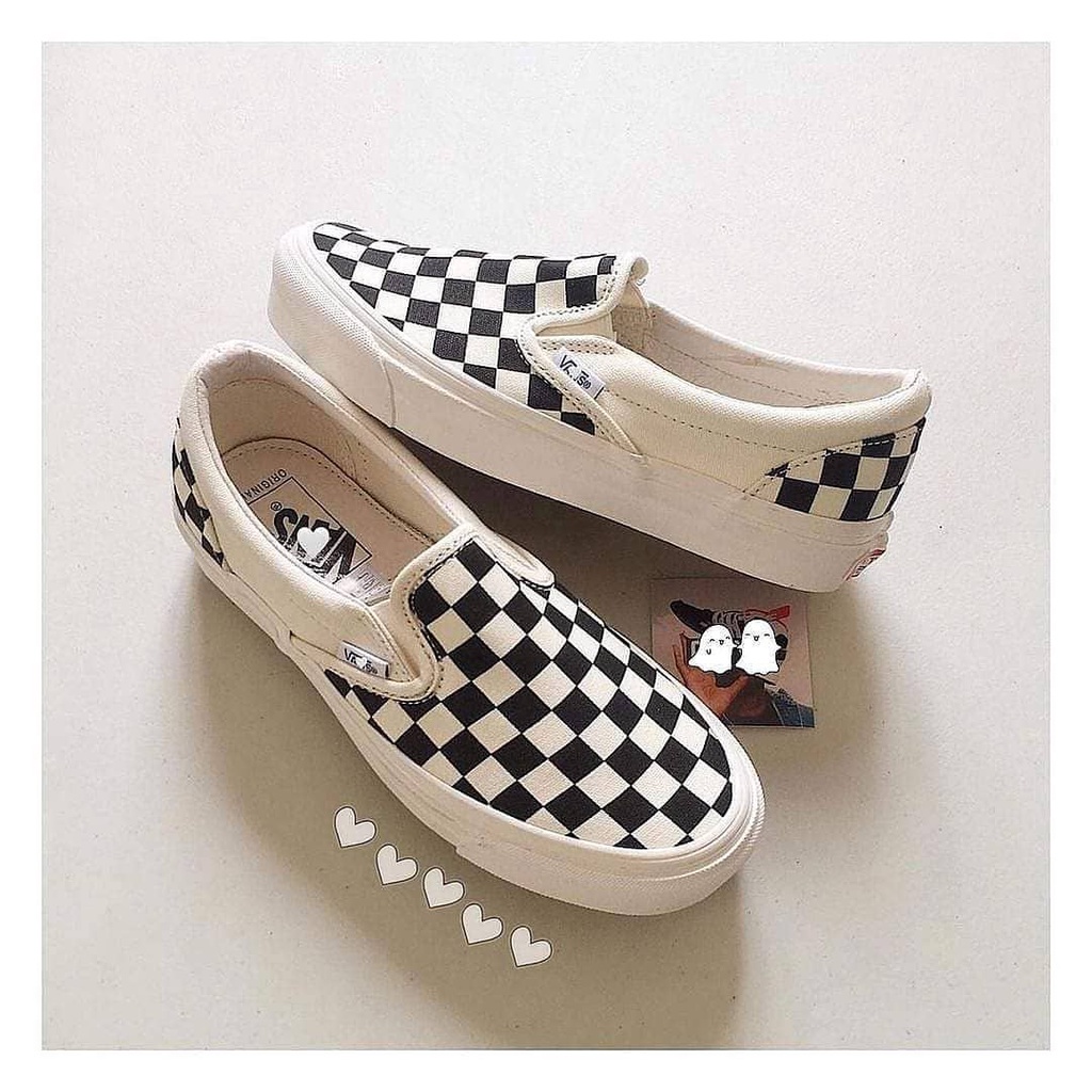 Giày Vans Caro Slip On Giầy Lười Nam Nữ Giá Rẻ Vans Đen Trắng Vải Cao Cấp Full Bill Box TAN