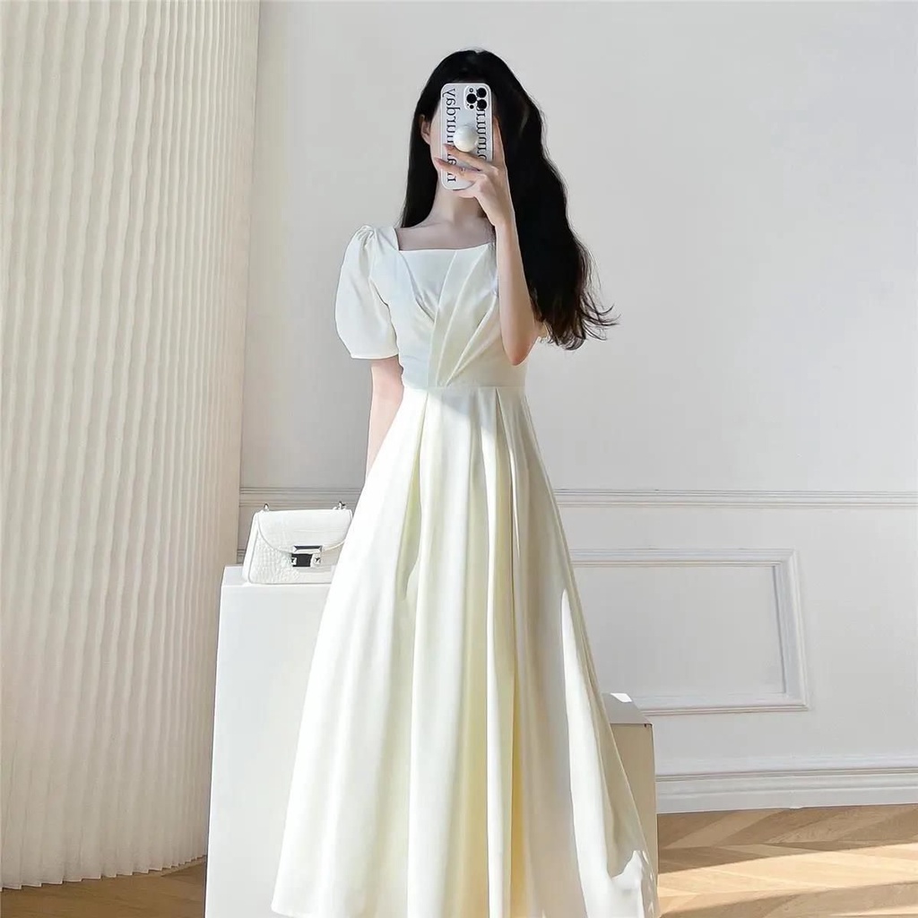 Váy trắng tiểu thư Đầm Dài Cổ Vuông Màu Trắng Phong Cách Pháp Thời Trang Mùa Hè Cho Nữ váy trắng dự tiệc dài