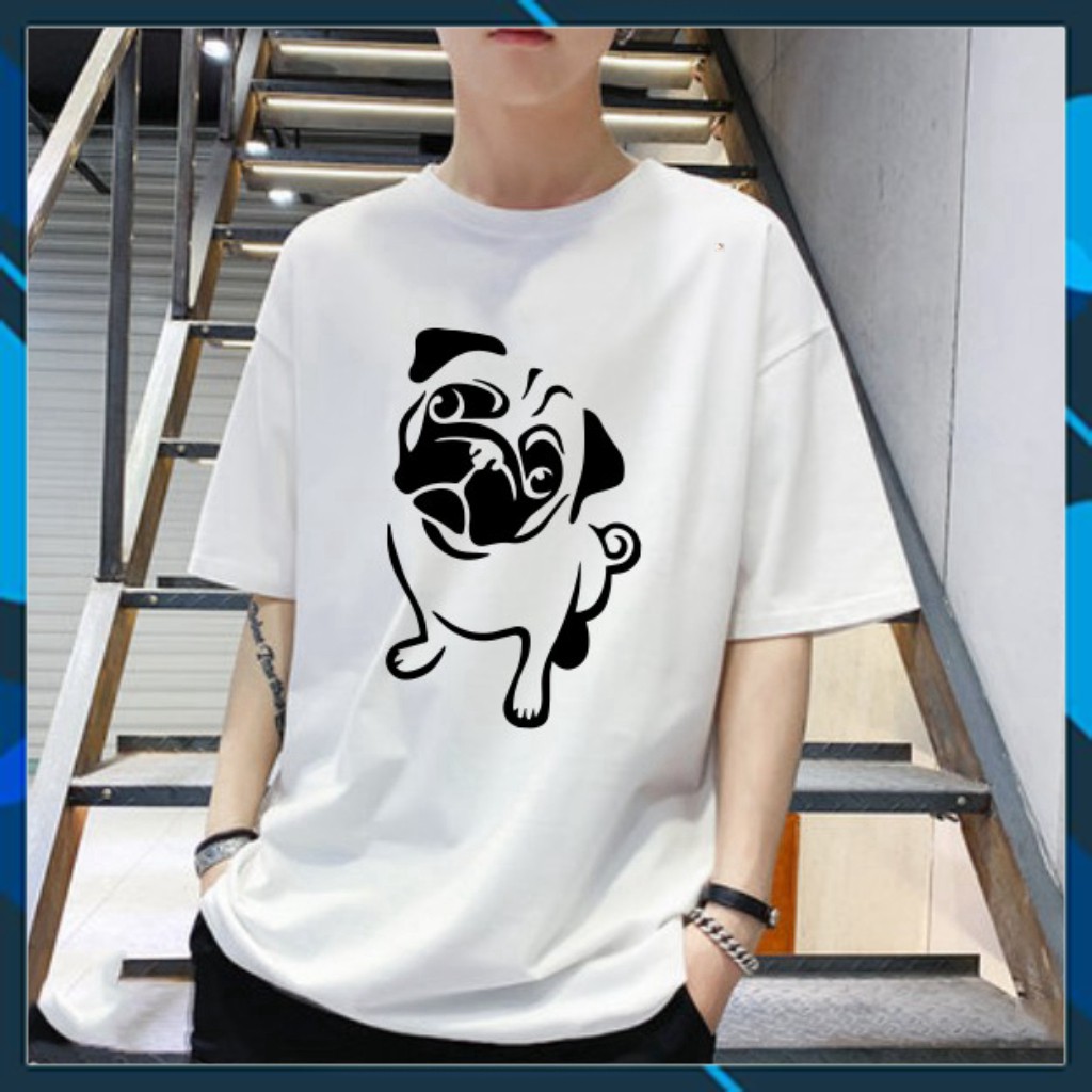 Áo thun tay lỡ form rộng unisex - Áo Thun Phông rộng in hình chó Pug đáng iêu Áo trơn cotton