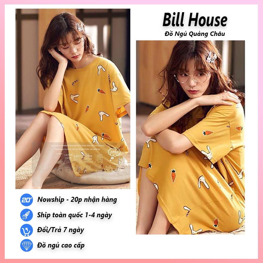 Váy ngủ cộc tay đầm ngủ nữ dễ thương dáng suông bigsize chất cotton mềm mát họa tiết hoạt hình VN01