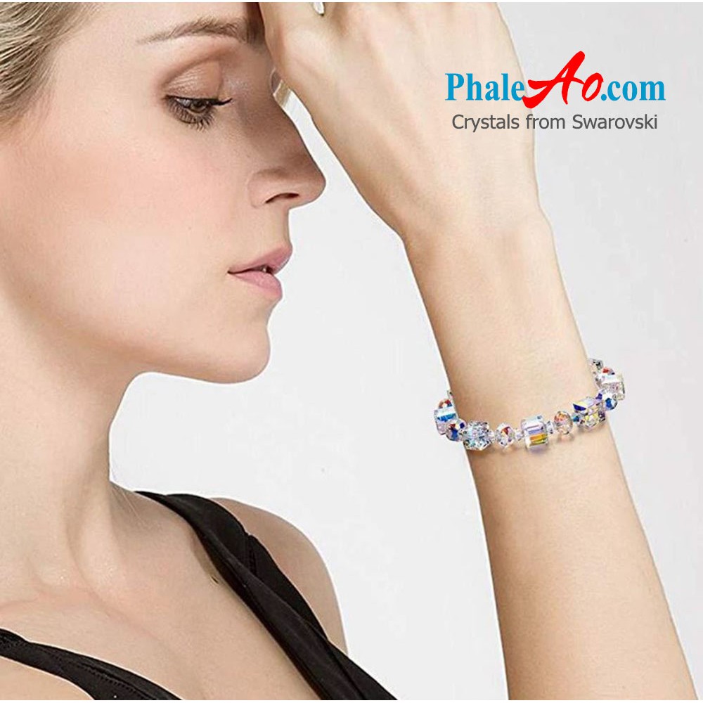 Pha lê SWAROVSKI (Áo) - 5 hạt vuông 4, 6, 8, 10, 12 ly 5601 crystal 001AB cube, tặng dây xỏ, PhaleAo