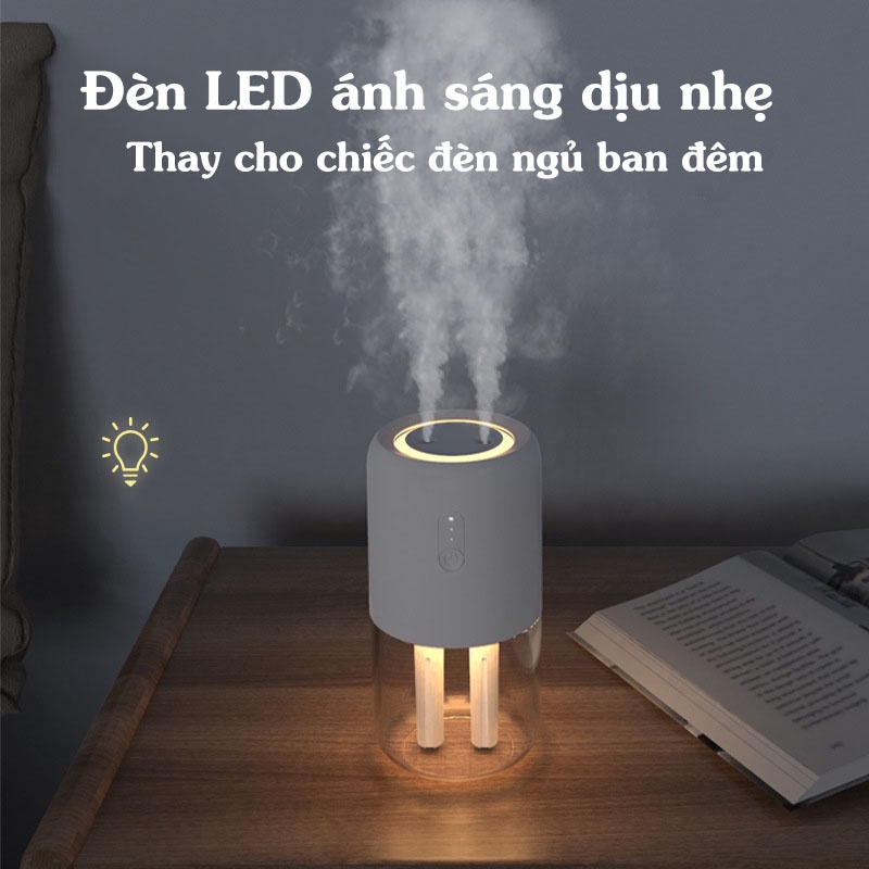 Máy xông tinh dầu phòng ngủ - ô tô 300ml  SẠC PIN - 2 đầu phun - đèn ngủ LED