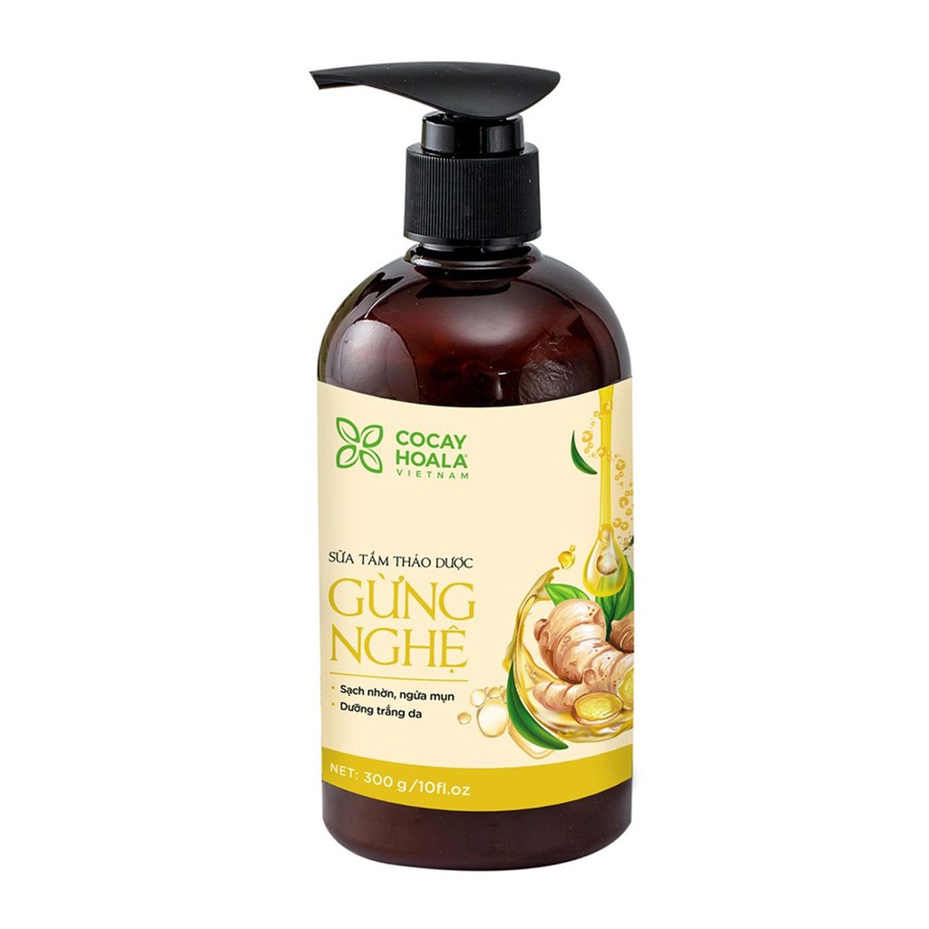 Sữa tắm thảo dược Gừng Nghệ Cocayhoala chai 300g dưỡng trắng, mờ thâm, ngăn ngừa mụn và hạn chế viêm tắc lỗ chân lông