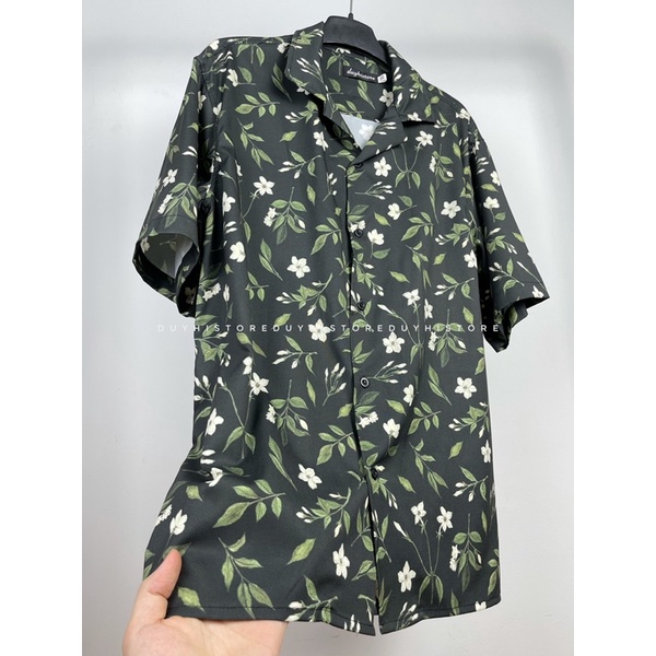 Áo sơ mi lụa unisex xanh lá đậm tối hoạ tiết ĐEN LÁ XANH | DUYHI