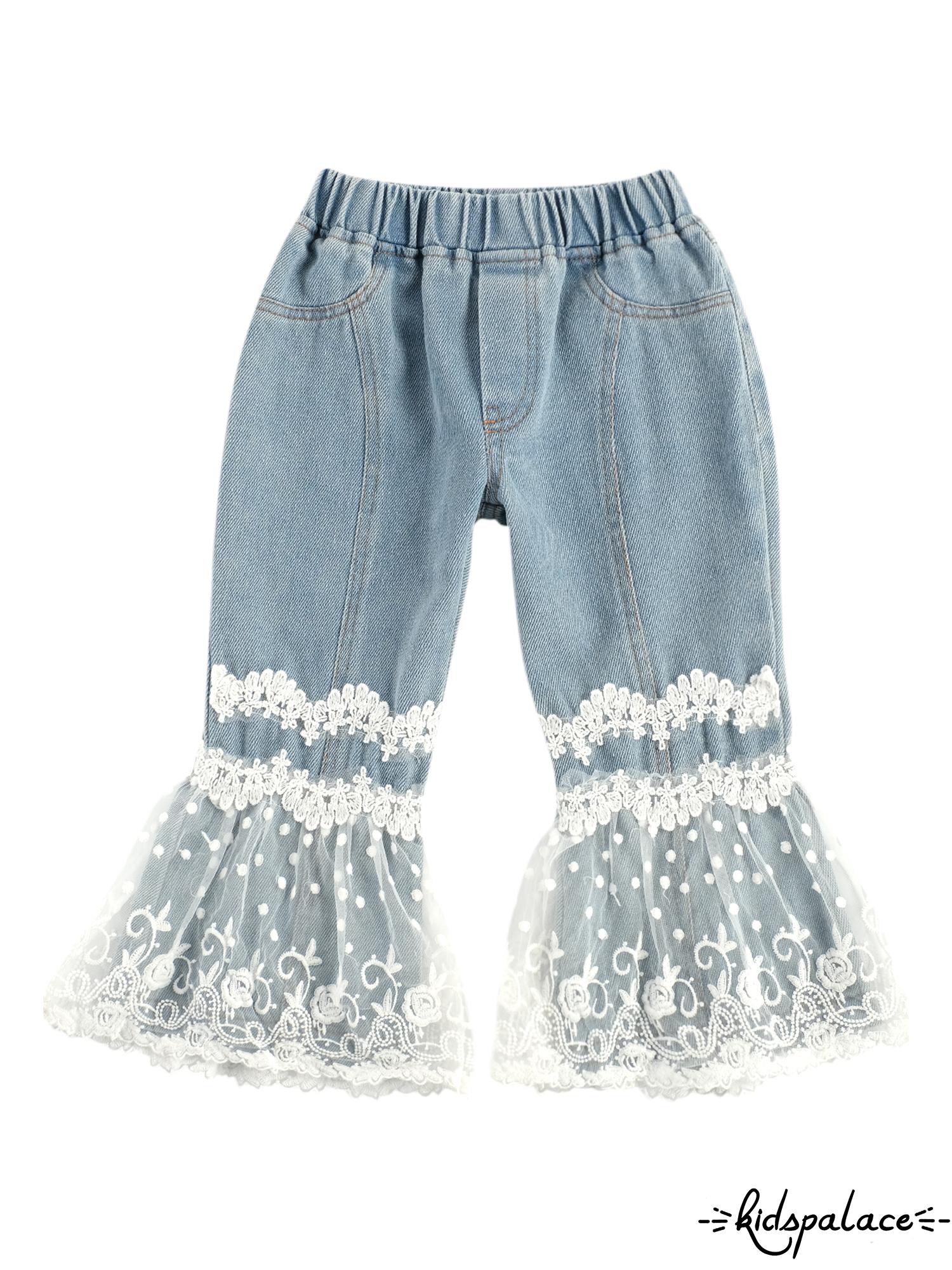 BbQ-Kids Girl Pants, Wide-Leg Trousers, Side Pockets Fall High Waist Ruffle Lace Floral Bell Bottoms