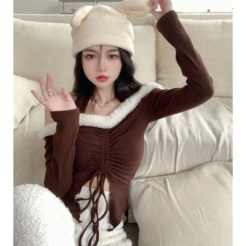 Áo trễ vai phối lông thời trang thu đông quyến rũ cho nữ