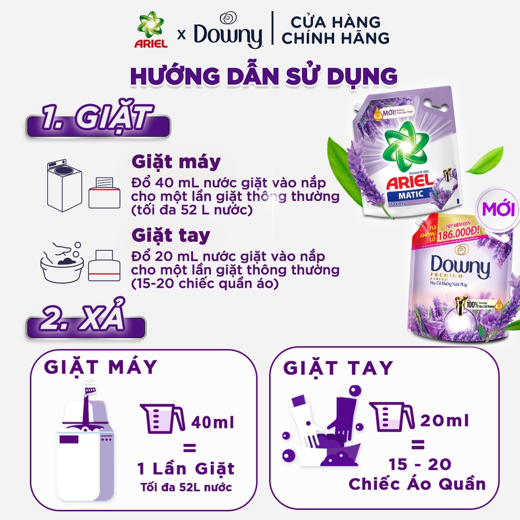 Combo Nước Giặt ARIEL Hương Hoa Oải Hương 3.2Kg &amp; Xả Vải DOWNY Hương Hoa Oải Hương 3L