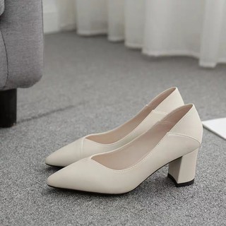Giày da nữ công sở mũi nhọn gót vuông cao cấp 3cm 6cm YARNMARN, màu trắng kem đen, đủ size nhỏ 31 32 33 34, to 39 40