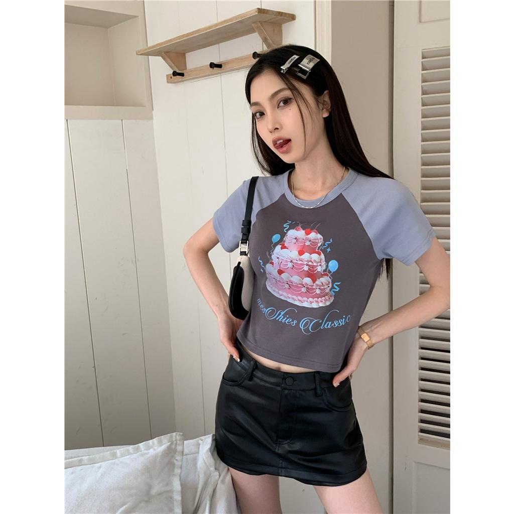 Áo Thun Dáng Ôm Ngắn In Họa Tiết Màu Sắc Tương Phản Phong Cách Retro Mỹ 62006