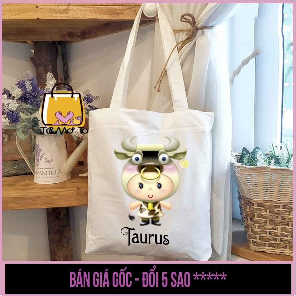 Túi tote VUÔNG  12 cung HOÀNG ĐẠO- Túi canvas - Túi Vải có khóa kéo  - Túi Mơ To store