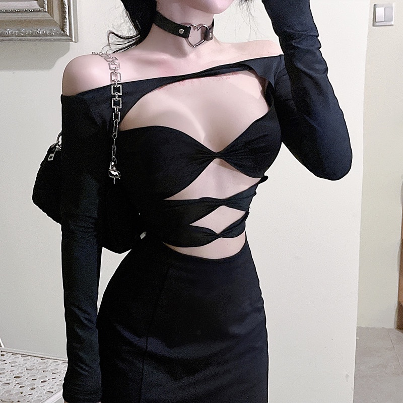 Áo Thun Mùa Thu 2022 Dáng Ôm Tay Dài Hở Một Bên Vai Gợi Cảm Hợp Thời Trang Cho Nữ