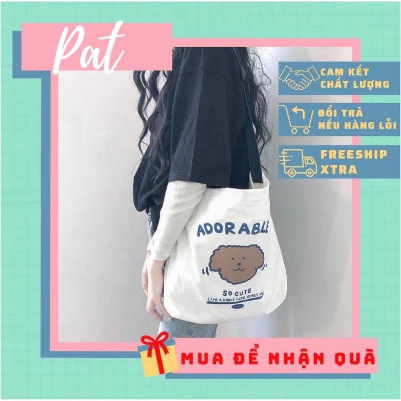 Túi tote đeo chéo in mặt gấu ADORABLE chất liệu canvas TP6 | tiemtuitotebypat