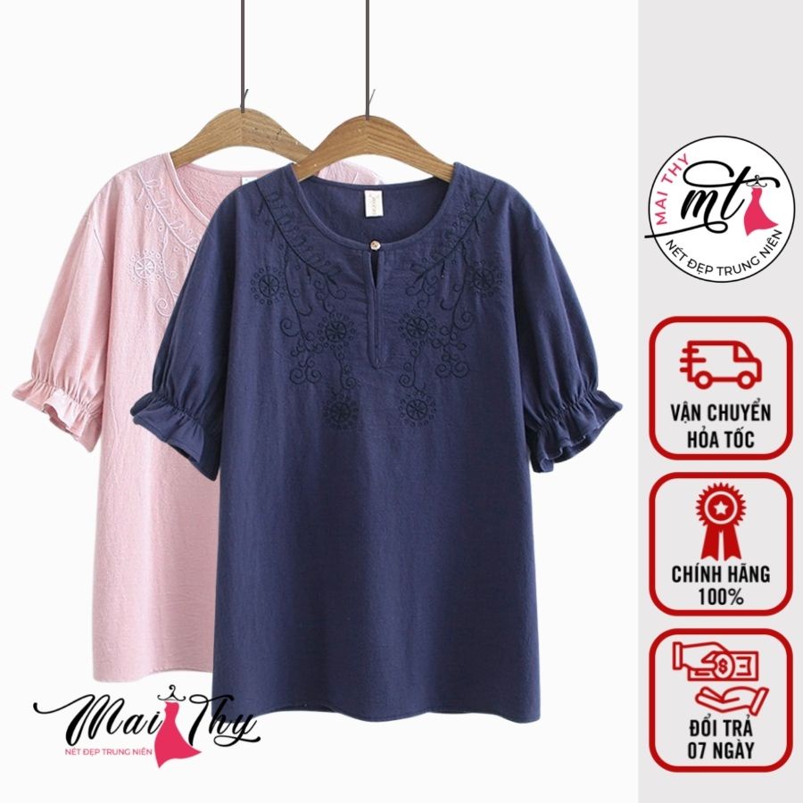Áo Trung Niên Nữ MT911, Mẫu Áo Tay Phồng Cổ Tròn Thêu Hoa Form Rộng Đẹp Trang Nhã | Thời Trang Trung Niên Mai Thy