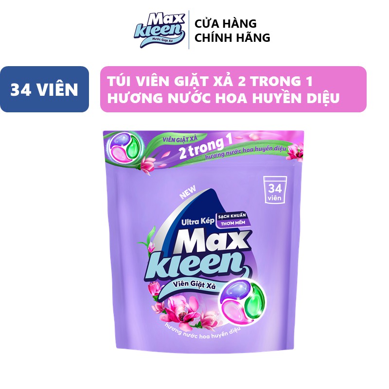 Viên Giặt Xả MaxKleen 2 Trong 1 Hương Nước Hoa Huyền Diệu (34 viên/túi)