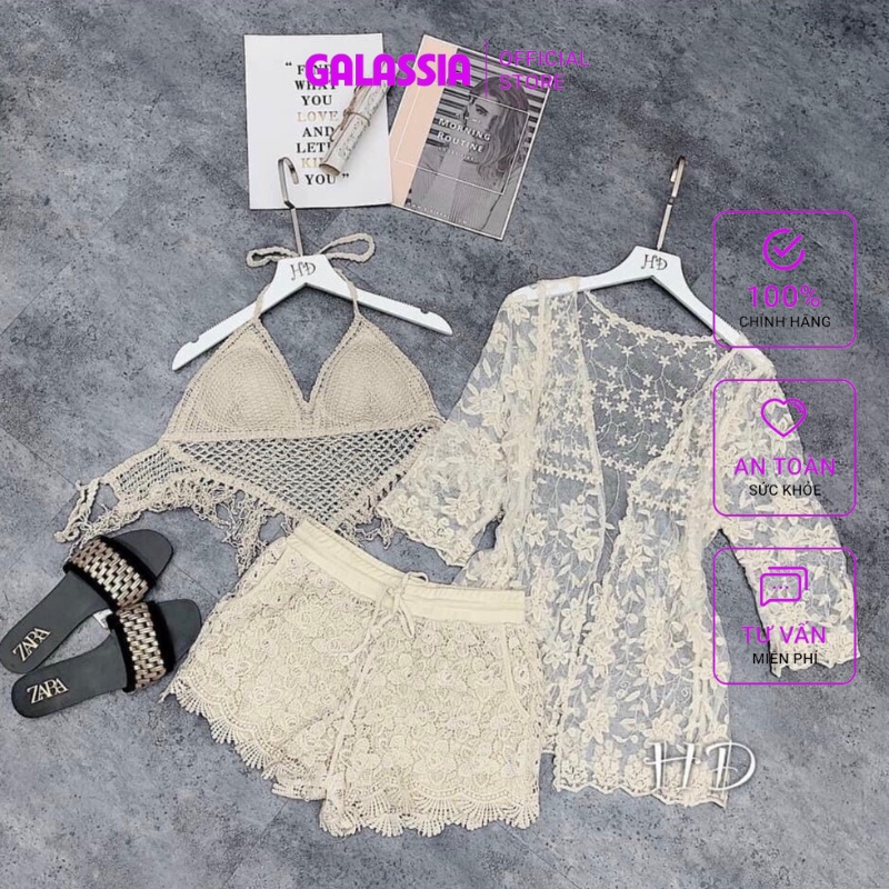 Set bikini ren lưới đồ bơi nữ 3 món sexy đi biển kín đáo thời trang cao cấp GALASSIA